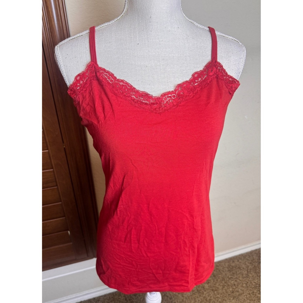 Red Lace Trim Cami Top Adjustable Straps Size L Cotton Blend Jersey tomato Y2K
